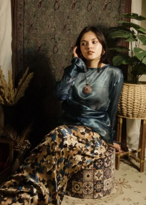 Silk blue top and skirt